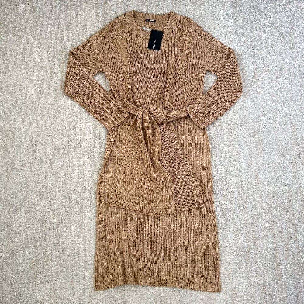 NWT Fashion Nova Kara Tie Front Long Knit Sweater M Tan